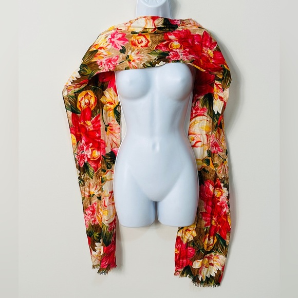 VINTAGE 80's Silk Floral Print Scarf w Fringe Edge - Picture 2 of 7